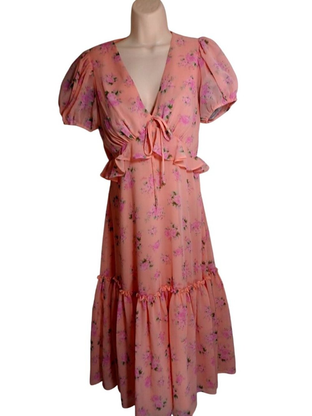 Loveshack Fancy Sz 6 Pink Rose Floral Chiffon Dress Cottage Core Boho Coquette - Picture 6 of 13